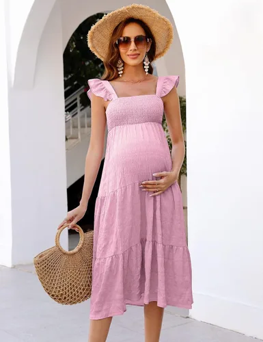 Miniatura 4 de KOJOOIN Vestido de maternidad para mujer, sin mangas, cuello cuadrado, volantes, casual, bohemio, vestido midi para baby shower, sesión de fotos