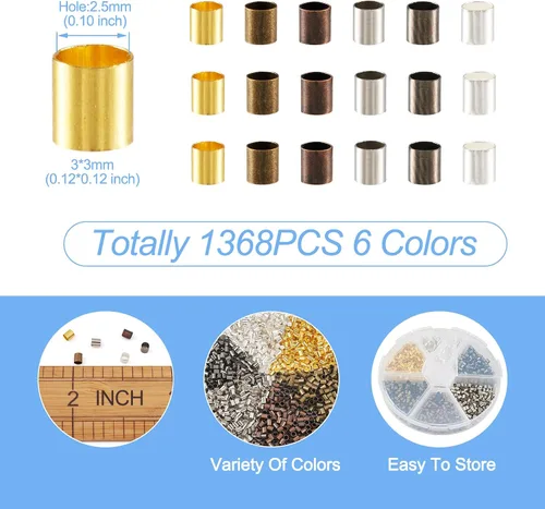 Miniatura 2 de Pandahall - 1368 cuentas de tubo de latón para engarzar, cuentas de extremo de 0.118 x 0.118 pulgadas, 6 colores separadores de tubo para hacer