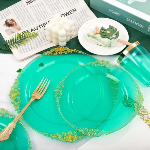 Miniatura 4 de Hioasis 175 platos de plástico verde transparente, elegante juego de vajilla desechable adecuado para 25 invitados, incluye platos de cena de 10.25