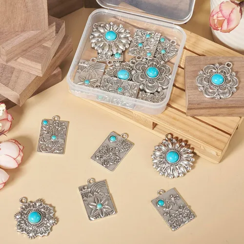 Miniatura 8 de Colgantes de estilo tibetano, dijes de piedra turquesa sintética para collar, pulsera, joyería, fabricación de artesanías, Gema, No es una piedra