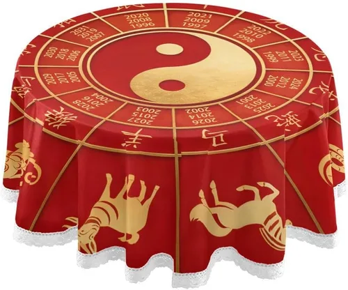 ALAZA Mantel de encaje, rueda del zodiaco chino con doce animales, lavable, a prueba de polvo, de poliéster, para decoración de mesa de cocina y