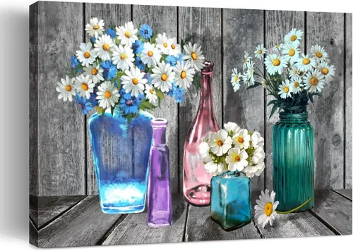 Imágenes de baño, decoración de pared, moderno florero de margaritas blancas, pintura floral retro para decoración, lienzo vintage, arte de pared,