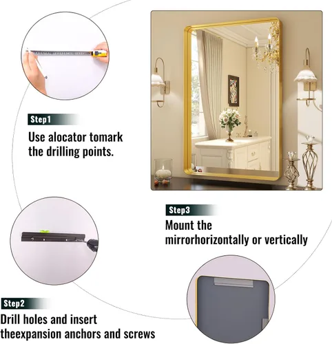 Miniatura 6 de Easly - Espejo de baño dorado de 30 x 22 pulgadas para pared, con marco de aleación de aluminio, espejo rectangular montado en la pared