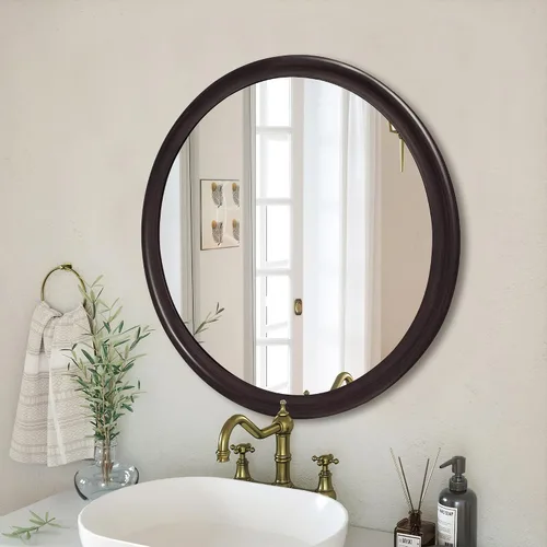 Miniatura 4 de CULER Espejos Redondos de Pared de 24 Pulgadas, Espejo Decorativo Rústico de Madera de Transición con Marco de Nogal para Pared, Espejo Estilo Nogal