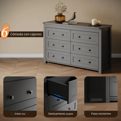 Miniatura 5 de Cómoda para dormitorio con 6 cajones, cómoda de madera de granja, soporte de TV ancho con mango de metal, organizador de ropa moderno para pasillo