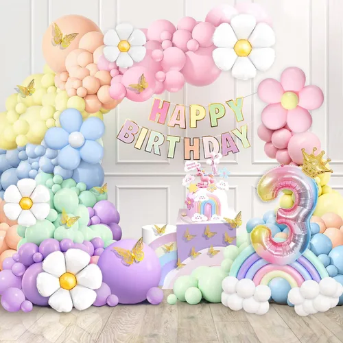 Daisy Kit de Guirnalda de Globos de 219 Piezas con Globo Número 3, Pancarta, Decoración para Pastel, Decoraciones de Fiesta de Cumpleaños Arcoíris