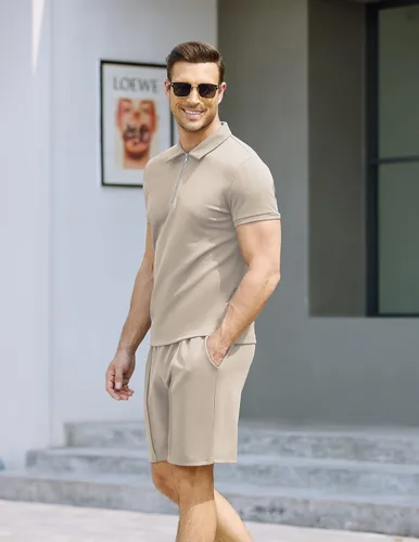 Miniatura 3 de COOFANDY Conjunto de 2 piezas de camisa polo y traje corto para hombre con cremallera de un cuarto para verano