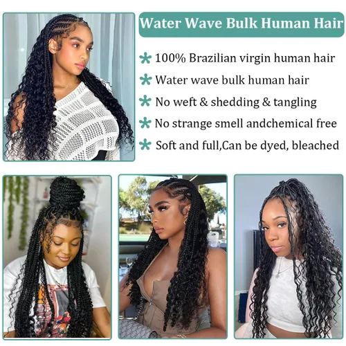 Miniatura 4 de Cabello humano trenzado para trenzas bohemias, cabello humano trenzado, sin trama, húmedo y ondulado, extensiones de cabello humano trenzado