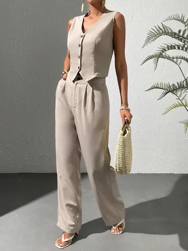 Miniatura 4 de WDIRARA Conjunto de 2 piezas para mujer, chaleco con botones frontales, sin mangas, cuello en V, chaqueta y pantalones