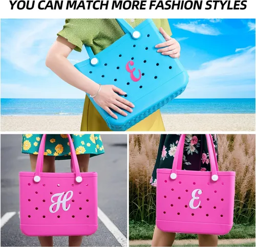 Miniatura 7 de Dijes para bolsa Bogg con letras de goma para la playa, accesorios para bolsas de mano, bolsa Bogg con letras del alfabeto Blanco (White E)