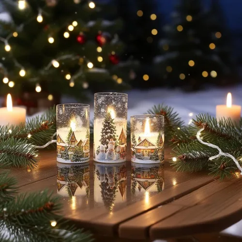 Miniatura 7 de Velas de cristal sin llama de casa de muñeco de nieve a pilas, con control remoto y temporizador; velas LED parpadeantes de cera real, luz blanca