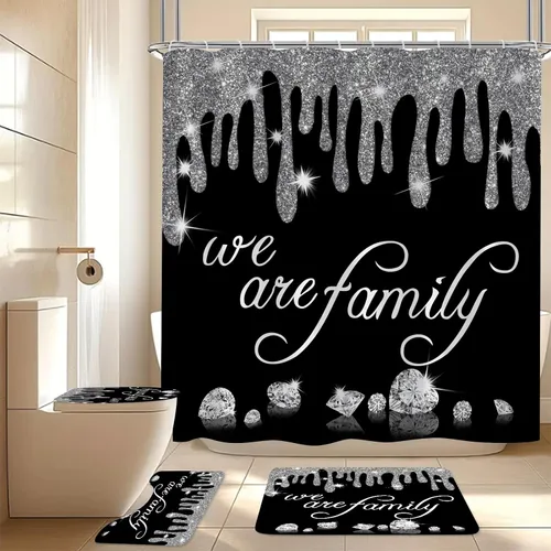 Juego de 4 cortinas de ducha familiares de diamantes con purpurina, cortina de ducha negra con tapa de inodoro y alfombras, cortinas de ducha