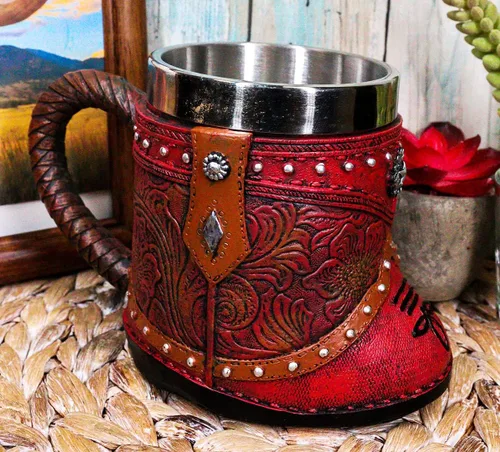 Miniatura 2 de Ebros Gift Bota rústica de vaquera occidental con taza de café con estrella solitaria en piel sintética con acabado floral de desplazamiento floral
