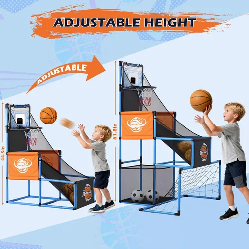 Miniatura 7 de Juego de Arcade de Baloncesto y Portería de Fútbol 2 en 1 para Niños, Aro de Baloncesto Ajustable para Niños con 6 Pelotas y Bomba