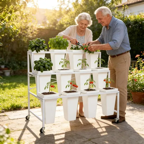 Miniatura 5 de Soporte de exhibición de flores de metal de 3 niveles, carrito móvil resistente para plantas de flores con 12 cubos y ruedas con bloqueo, estante