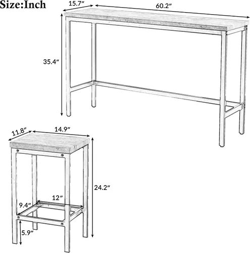 Miniatura 7 de Juego de mesa de comedor de 4 piezas, juego de mesa de comedor de altura de mostrador con 3 taburetes, juego de cocina de pub con reposapiés Marrón
