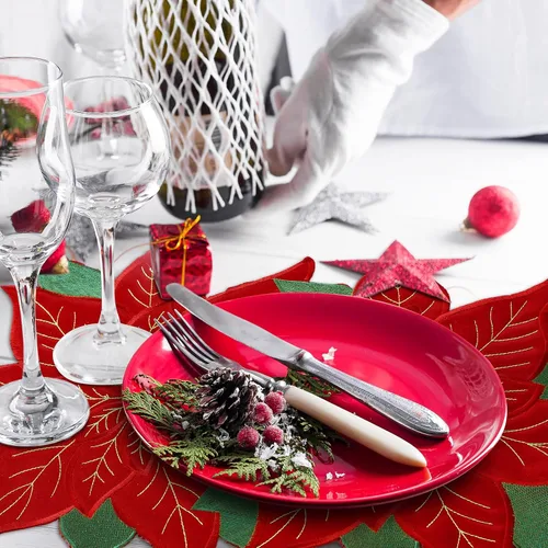 Miniatura 4 de Yingzhao Juego de 6 manteles individuales de Navidad con poinsettia bordados de doble capa con aplicación de flores rojas de Navidad para decoración