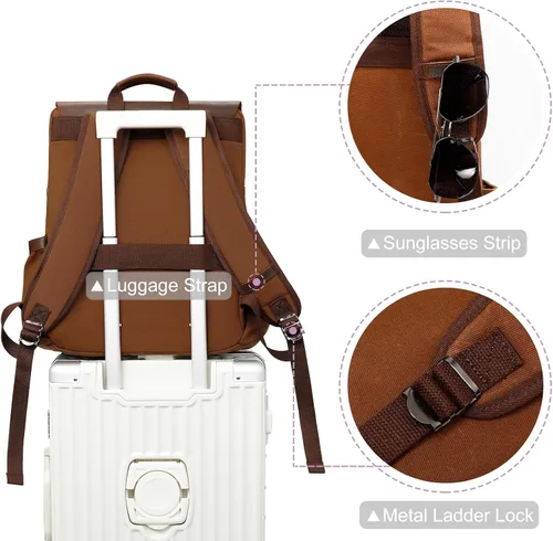 Miniatura 5 de Modoker Mochila de lona encerada, mochila de cuero para hombres y mujeres, mochila vintage de viaje para laptop de 15.6 pulgadas, mochila retro