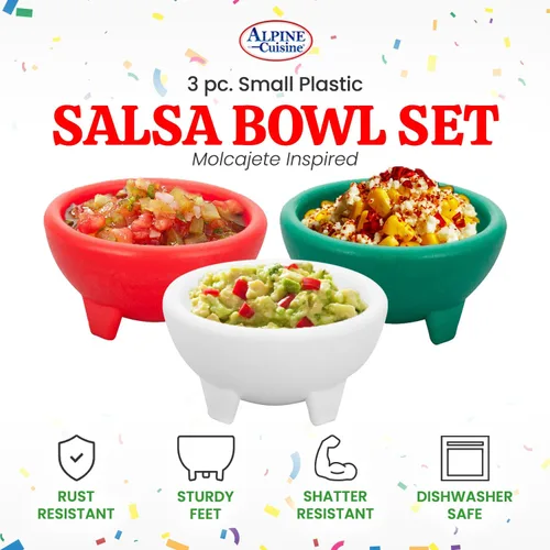 Miniatura 2 de Alpine Cuisine Juego de 3 cuencos pequeños para salsa (Molcajete), material plástico de grado alimenticio, resistente y fácil de limpiar, cuenco