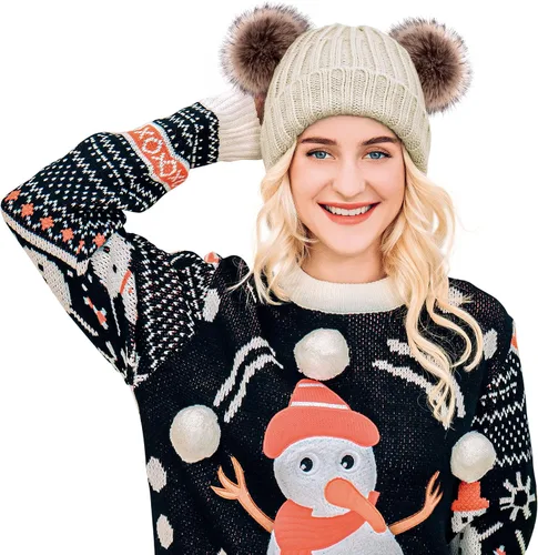 Miniatura 4 de Arctic Paw - Gorro tejido con orejas de pompón de piel sintética