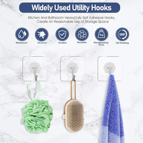 Paquete de 24 ganchos autoadhesivos resistentes, 33 libras máximo, transparentes, impermeables, ganchos de pared adhesivos para llaves, baño, ducha,