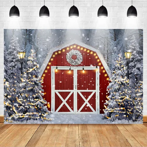 Miniatura 2 de Mocsicka Telón de fondo rojo de granero de invierno, escena de nieve de invierno, decoración de fiesta de Navidad, festival de Navidad, decoraciones
