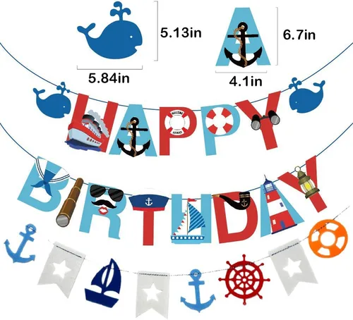 Miniatura 7 de 77 piezas de suministros náuticos para fiestas: pancarta náutica de feliz cumpleaños, banderines, 30 globos de látex (rojo, azul, blanco), 24