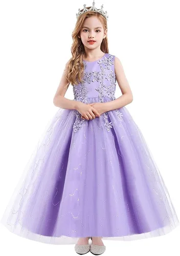 Miniatura 2 de MYRISAM Vestido largo de tul con encaje bordado para niñas de flores, para comunión, para comunión, cumpleaños, princesa, concurso de belleza