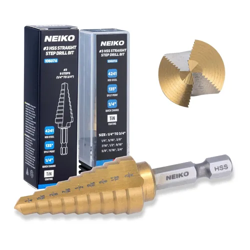 Miniatura 15 de NEIKO 10602A Step Drill Bit, 13 Steps 1/8" to 1/2" Spiral High Speed Steel, Titanium Nitride Coated, 1/4" Quick Change Step Bits for Steel, Metal