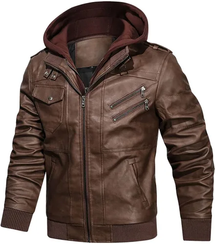Miniatura 3 de Hood Crew - Chaqueta bomber para hombre, casual, con cuello alto, cazadora de moto, de piel sintética de poliuretano, con cremallera y capucha Marrón