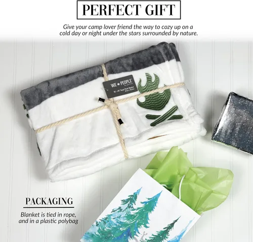 Miniatura 4 de Pavilion Gift Company - Manta de 50" x 60" a rayas verde, blanco y gris con bordado de hoguera, felpa real suave, regalo para amantes del camping