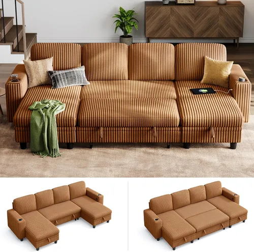 Miniatura 12 de LINSY HOME Sofá cama modular extraíble para sala de estar (beige, sofá cama 1) Sofá cama extraíble, almacenamiento, carga USB, portavasos, pana