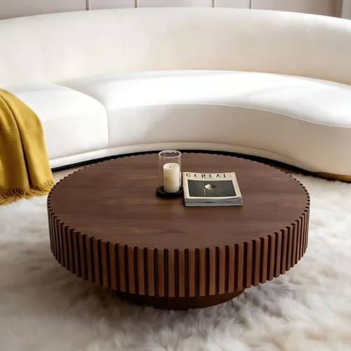 Miniatura 9 de Mesa de centro moderna de madera redonda acanalada, Ø31.5 x 13.8 pulgadas de alto, espacio pequeño, color marrón, tambor circular, centro estriado