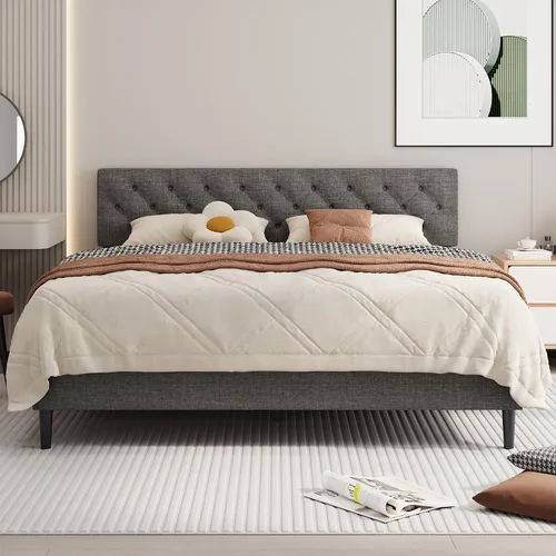 Miniatura 15 de BarnFurin Marcos de cama individual con cabecera capitoné con botones, cama de plataforma tapizada de lino con soporte de listones de madera, fácil