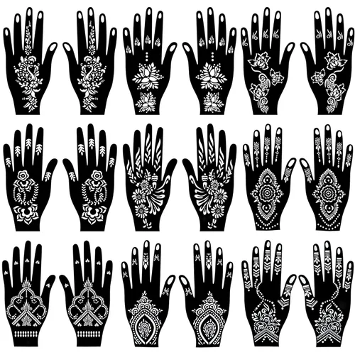 18 hojas de plantillas de henna para manos - plantillas temporales de tatuaje indias y árabes para arte en manos y cuerpo
