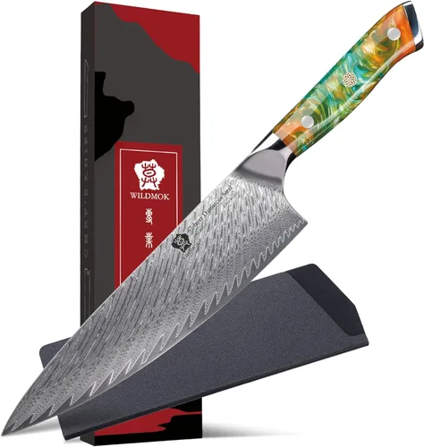 Miniatura 11 de WILDMOK Cuchillo de chef de Damasco, cuchillos de chef japoneses de 8 pulgadas, cuchillo de cocina con mango de resina, cuchillos afilados