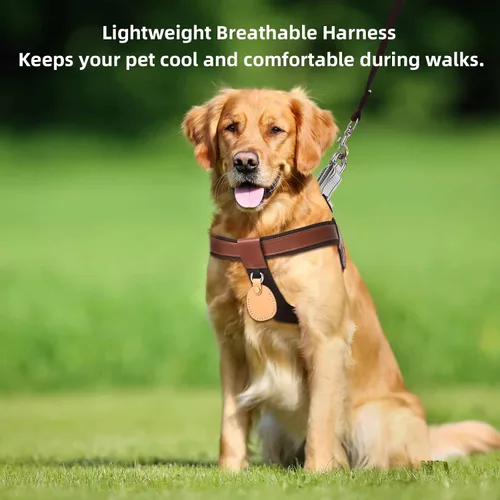 Miniatura 2 de Arnés de poliéster y cuero genuino para perro sin tirones con tiras reflectantes, chaleco ligero con soporte AirTag para perros de tamaño mediano