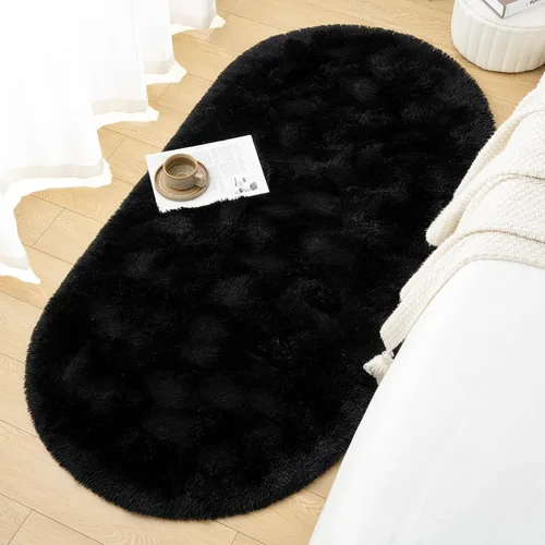 Miniatura 4 de Goideal - Alfombra esponjosa de dormitorio, alfombra pequeña ovalada, alfombra negra peluda para mesita de noche, ideal para habitación infantil