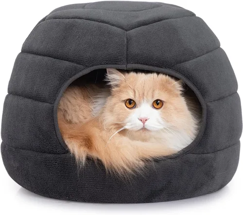 Miniatura 10 de Hollypet Cama para gatos autocalentable para gatitos, cabaña, nido de mascotas, cama para dormir para gatos de interior, amarillo, cueva de piña