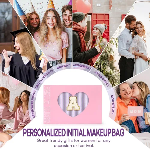Miniatura 6 de 2 piezas de bolsas de maquillaje iniciales para mujeres: bolsa de cosméticos para viaje y artículos de tocador - Regalos de cumpleaños para niñas