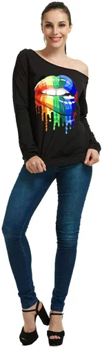 Miniatura 2 de MAGICMK - Suéter de hombros descubiertos y manga larga para mujer, blusas informales con estampado de labios, tallas extragrandes, holgadas
