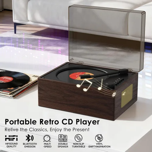 Miniatura 2 de Walnut Wood Grain CD Player with Bluetooth 5.3 - Retro Desktop Music Player, Dual HI-FI Speakers, 3600mAh Battery, Remote Control, 2-Year Warranty
