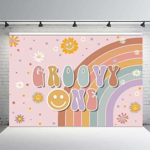 MEHOFOND Groovy One - Telón de fondo bohemio con arco iris para niñas, decoración de cumpleaños para el primer y groovy, fondo de fotografía,