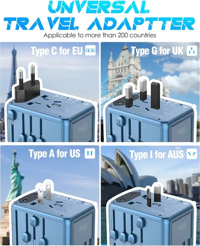 Miniatura 5 de Adaptador de viaje universal, carga rápida PD de 35 W y 2 USB C 3 USB A y salida de CA de 2500 W, adaptador de corriente internacional para Europa