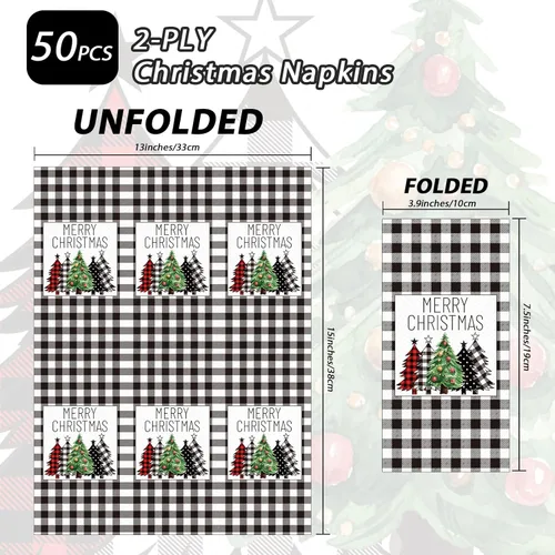 Miniatura 2 de Servilletas de Navidad de búfalo blanco y negro, servilletas de papel desechables para decoración de mesa de vacaciones (paquete de 50)