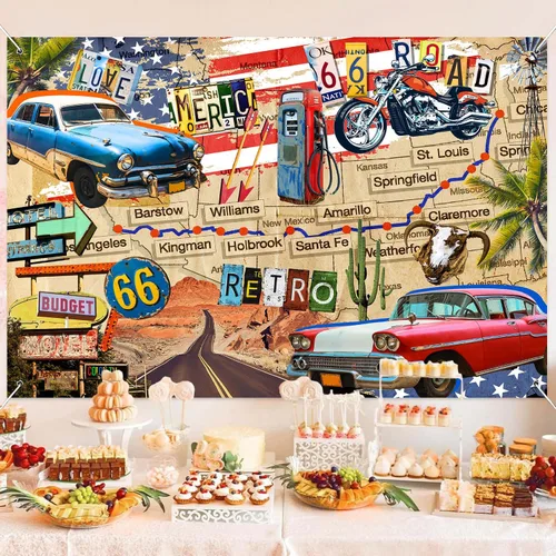 Miniatura 4 de HANYING Telón de fondo vintage de ruta 66, motocicleta clásica para automóvil, estación de servicio, mapa de ruta, fotografía, fondo retro, fiesta