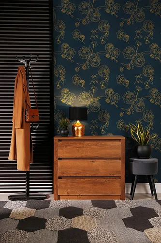Miniatura 3 de Safiyya Papel tapiz de 78.7 x 17.3 pulgadas, papel de contacto dorado y azul, papel tapiz floral, autoadhesivo, extraíble, para cubrir dormitorios