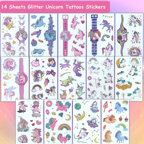 Miniatura 2 de CHARLENT Tatuajes con purpurina para niñas, 110 tatuajes temporales con purpurina para niñas, regalos de fiesta de cumpleaños, rellenos de bolsas