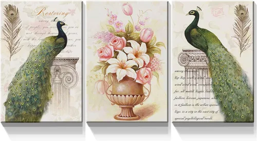 Miniatura 15 de Denozer Lienzo decorativo para pared, 3 paneles, 24 x 32 pulgadas, elegante, pavo real azul con imagen floral blanca, impresión de pintura de Art01