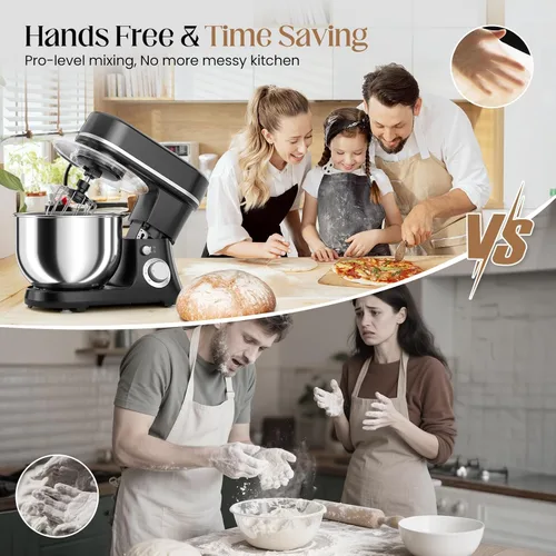 Miniatura 4 de Batidora de pie de 800 W con cuenco de 5.3 cuartos de galón, batidora de cocina eléctrica de 6 velocidades con pulso, batidora de alimentos con Negro